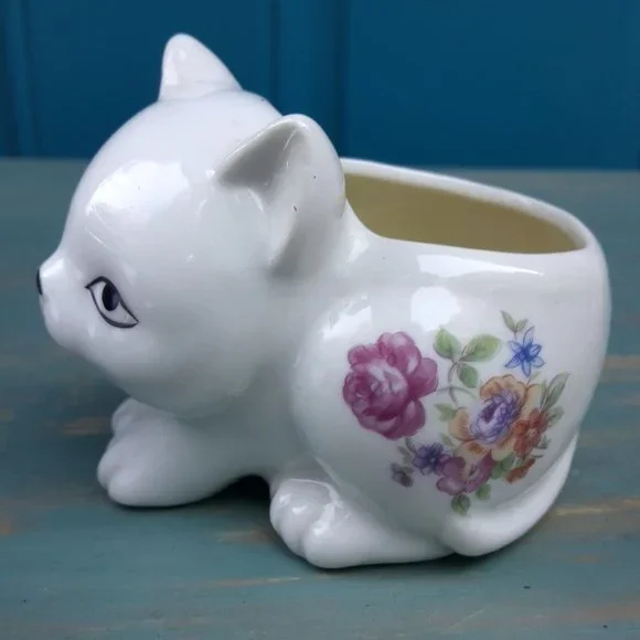 Vintage Ceramic Cat Planter Porcelain Cat Dish Candle Bowl Japan Flowers - Picture 7 of 16